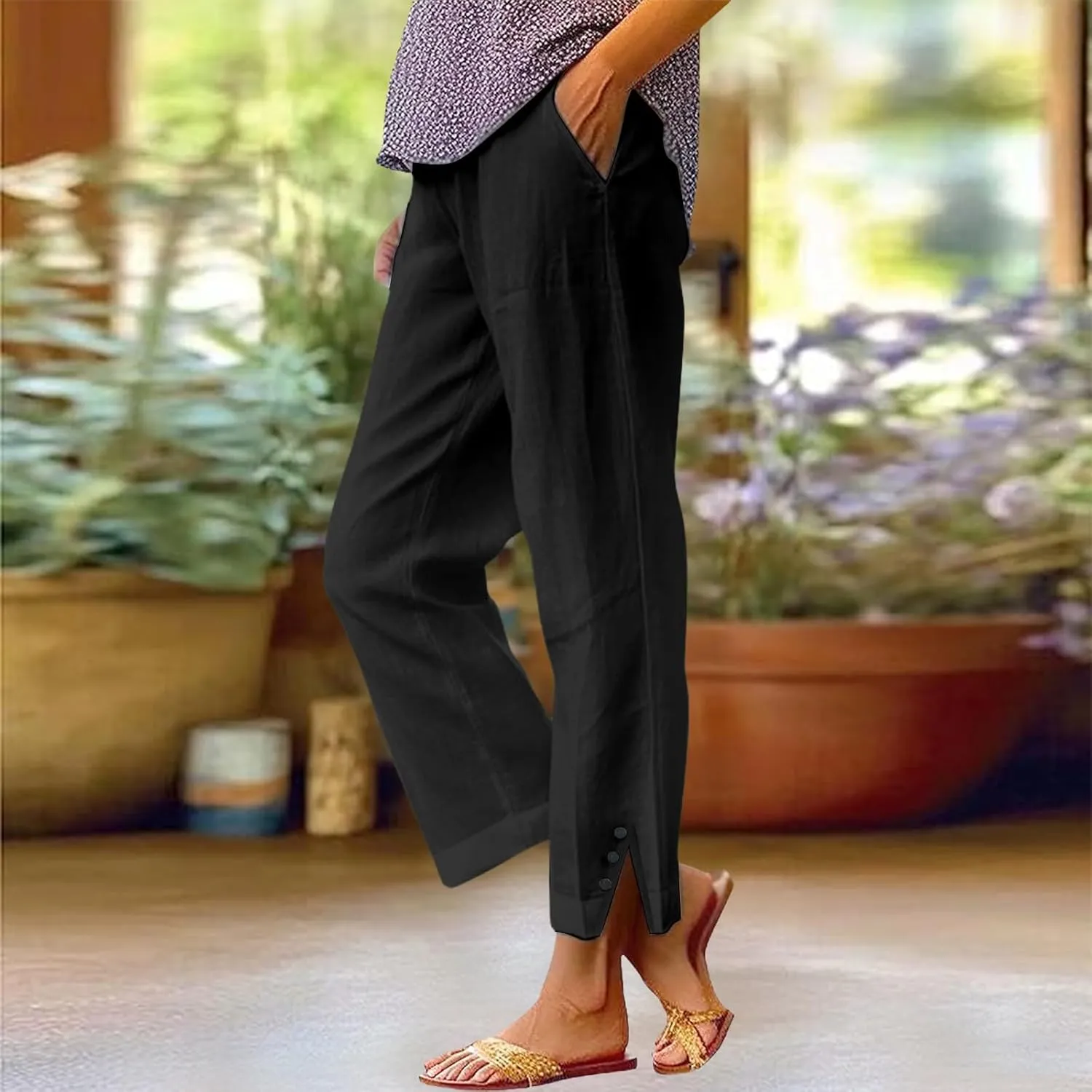 Cropped Linen Pants for Women Summer Elastic Waist Straight Leg Split Bottom Trousers Casual Beach Pants with Pockets
