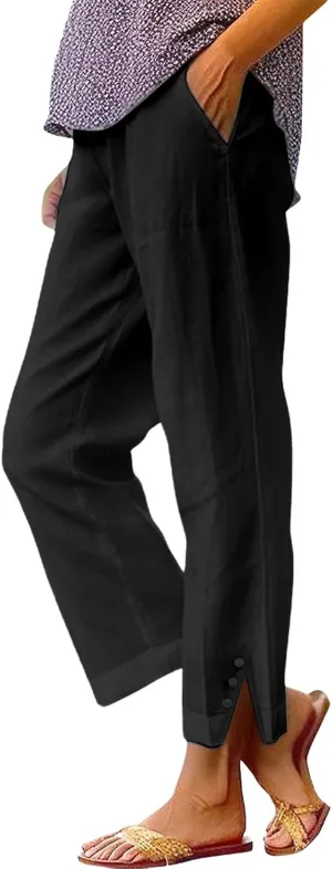 Cropped Linen Pants for Women Summer Elastic Waist Straight Leg Split Bottom Trousers Casual Beach Pants with Pockets