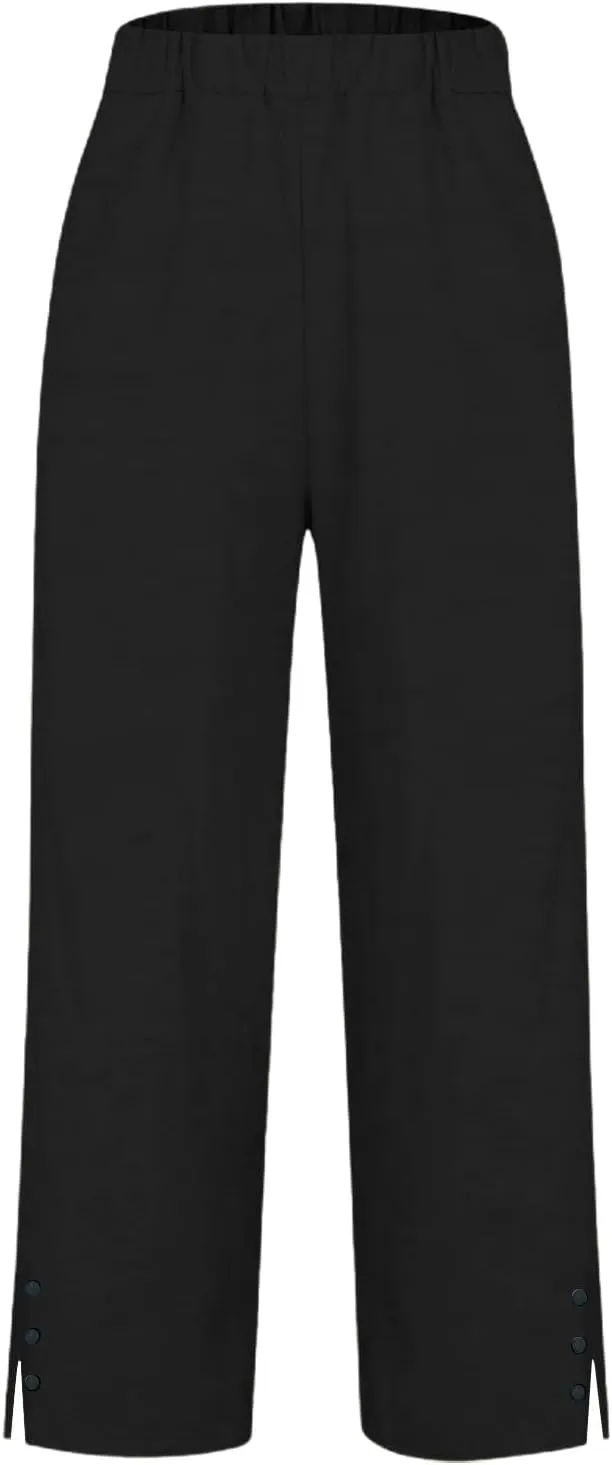 Cropped Linen Pants for Women Summer Elastic Waist Straight Leg Split Bottom Trousers Casual Beach Pants with Pockets