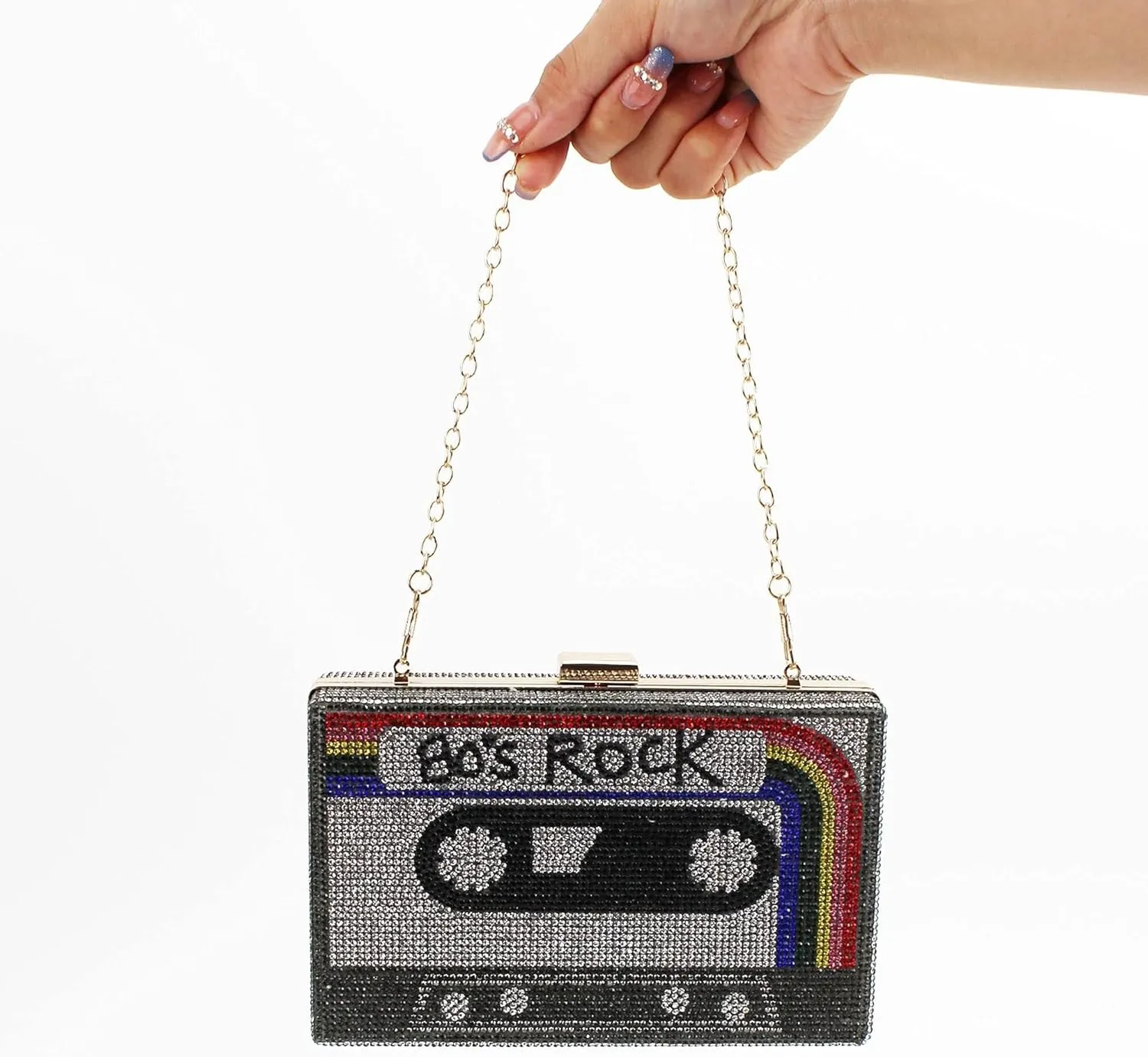 Crystal Inlaid Bling Crossbody Shoulder for Graduation Wedding Party Retro Cassette Evening Clutch Purse