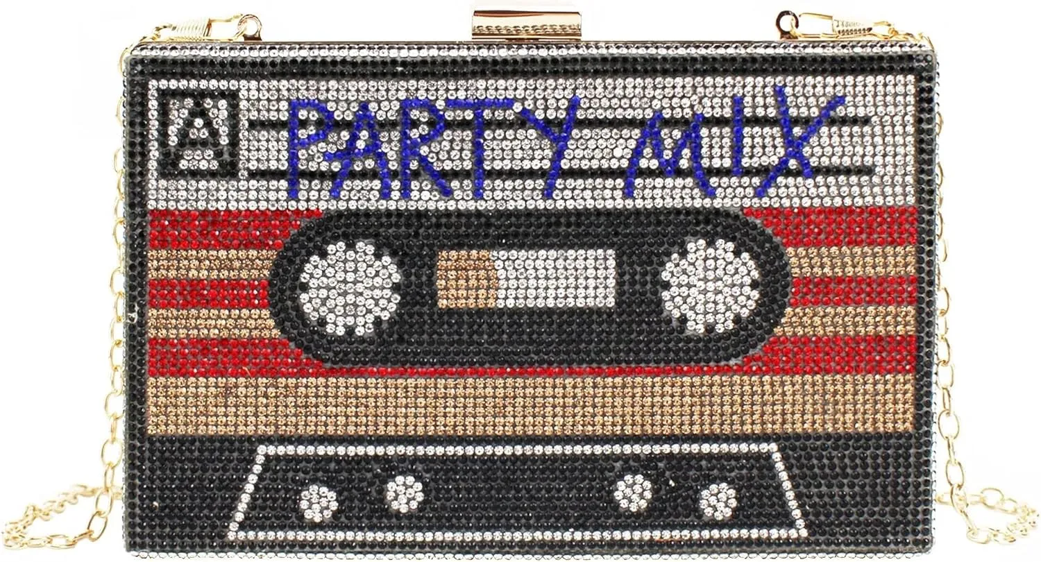 Crystal Inlaid Bling Crossbody Shoulder for Graduation Wedding Party Retro Cassette Evening Clutch Purse