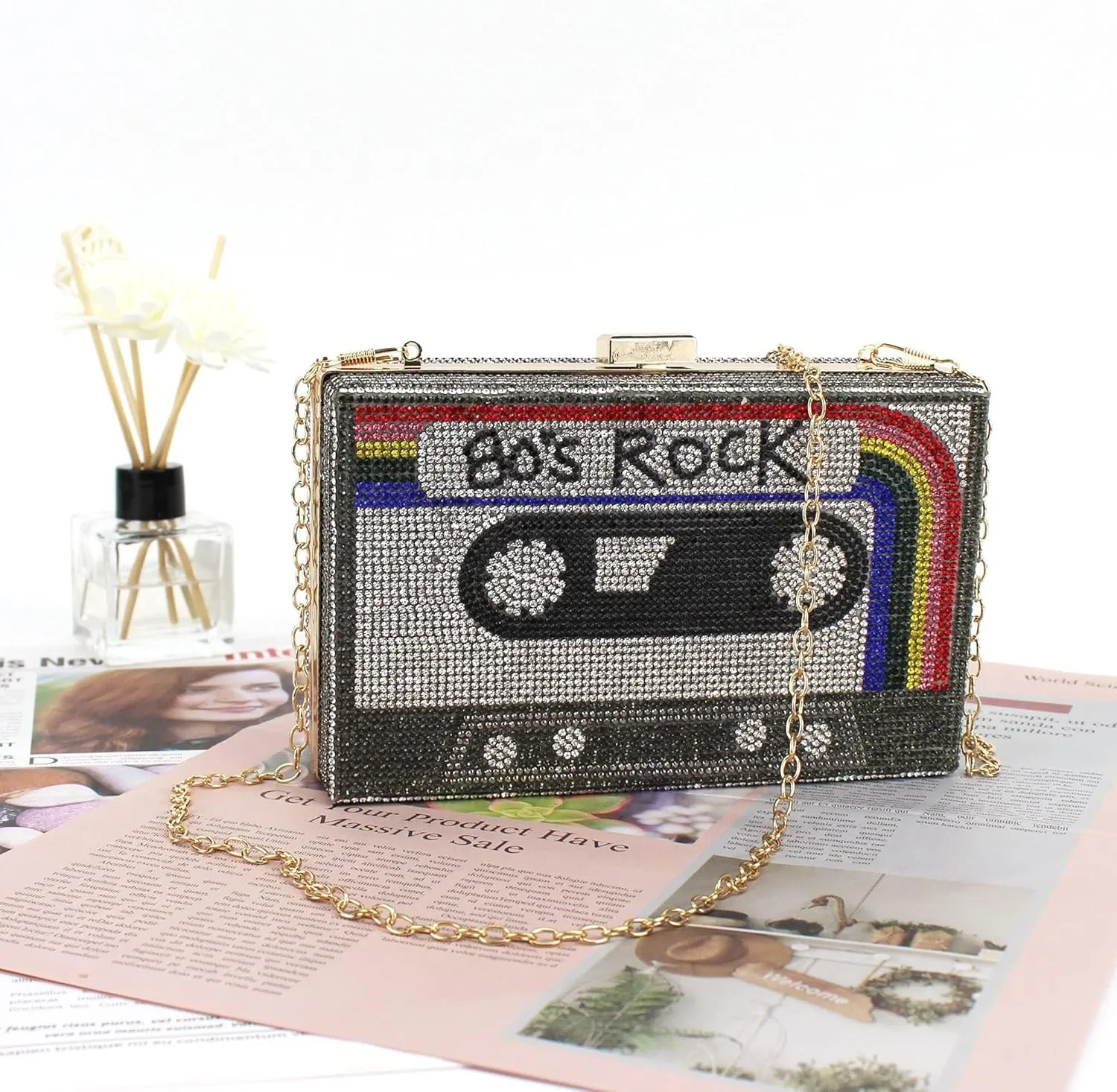 Crystal Inlaid Bling Crossbody Shoulder for Graduation Wedding Party Retro Cassette Evening Clutch Purse