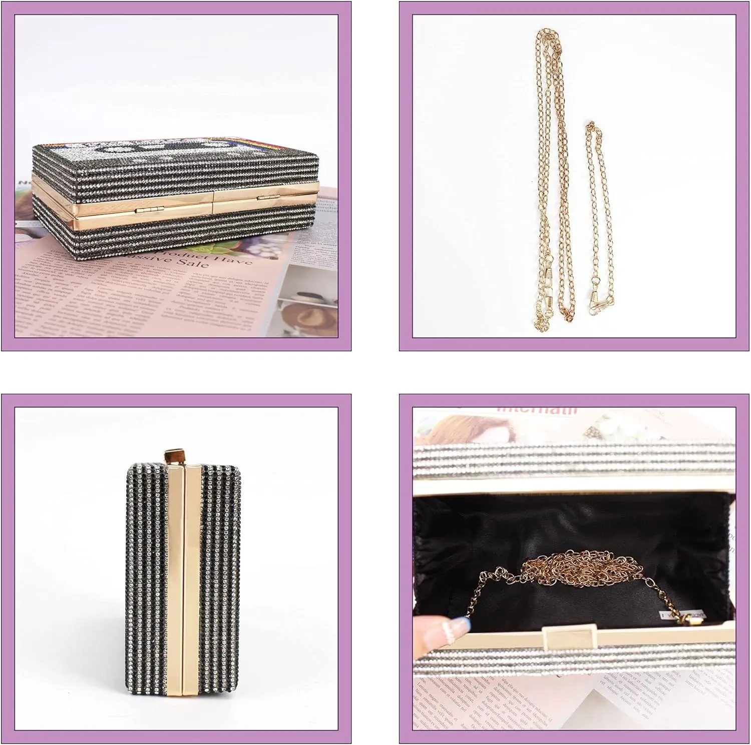 Crystal Inlaid Bling Crossbody Shoulder for Graduation Wedding Party Retro Cassette Evening Clutch Purse