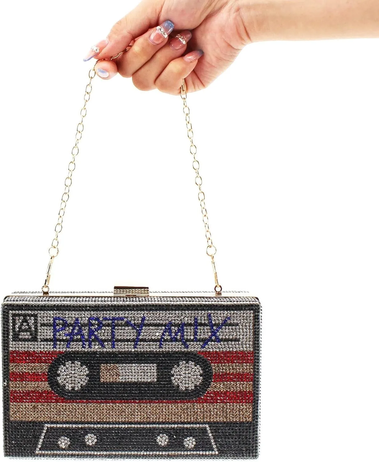 Crystal Inlaid Bling Crossbody Shoulder for Graduation Wedding Party Retro Cassette Evening Clutch Purse