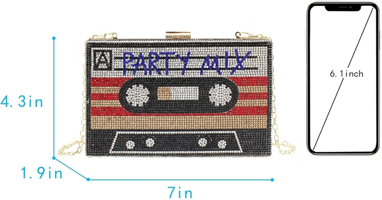 Crystal Inlaid Bling Crossbody Shoulder for Graduation Wedding Party Retro Cassette Evening Clutch Purse