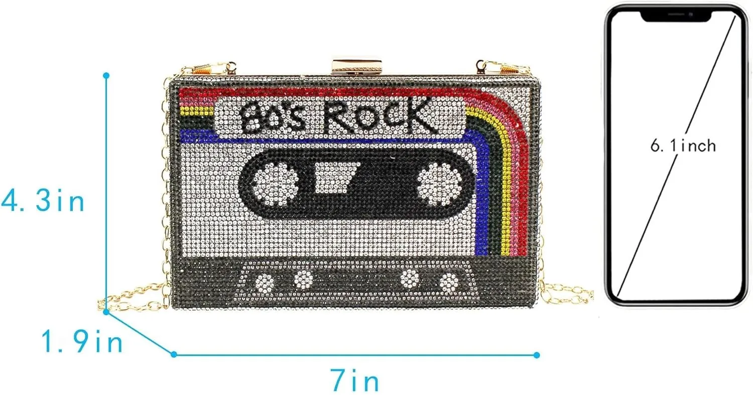 Crystal Inlaid Bling Crossbody Shoulder for Graduation Wedding Party Retro Cassette Evening Clutch Purse