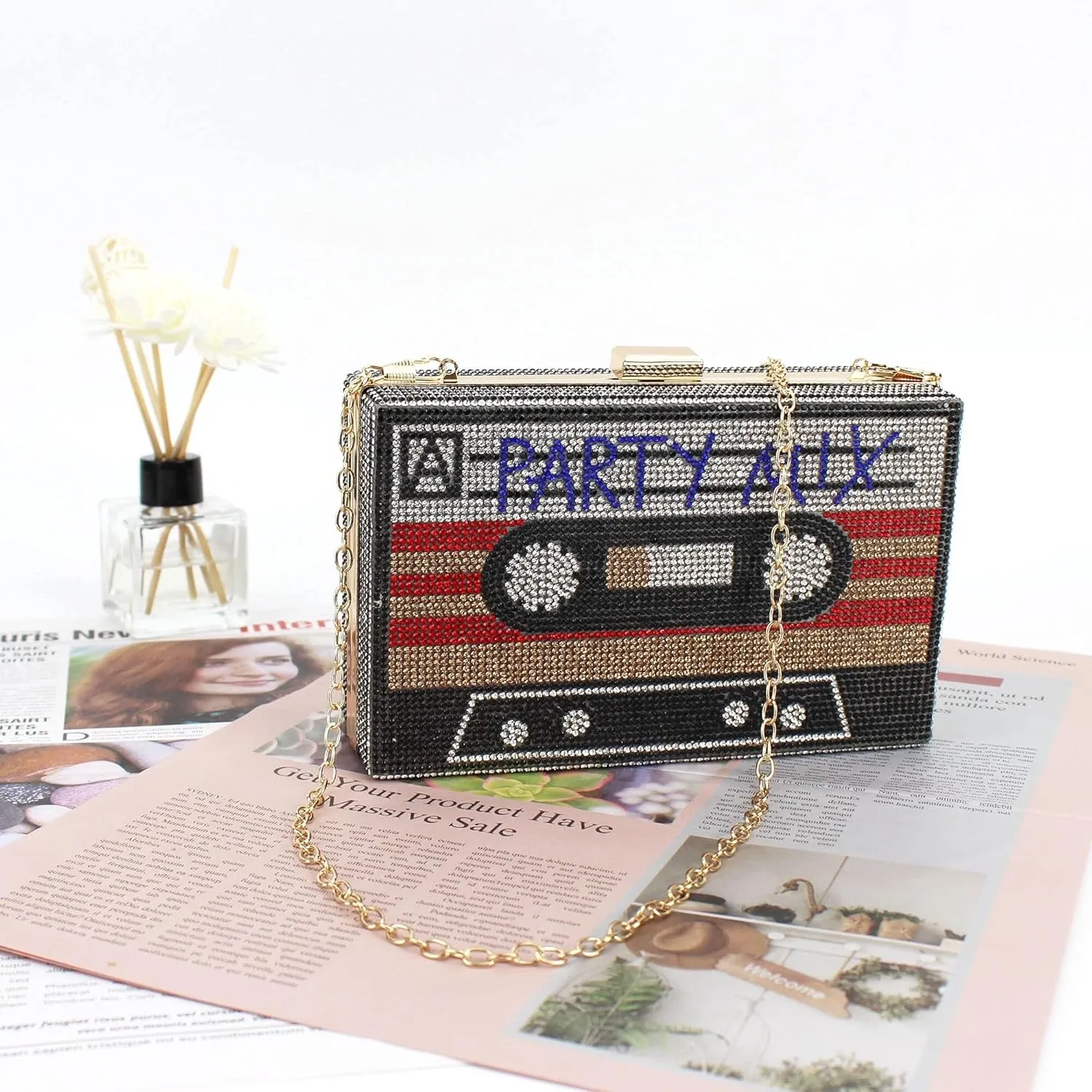Crystal Inlaid Bling Crossbody Shoulder for Graduation Wedding Party Retro Cassette Evening Clutch Purse