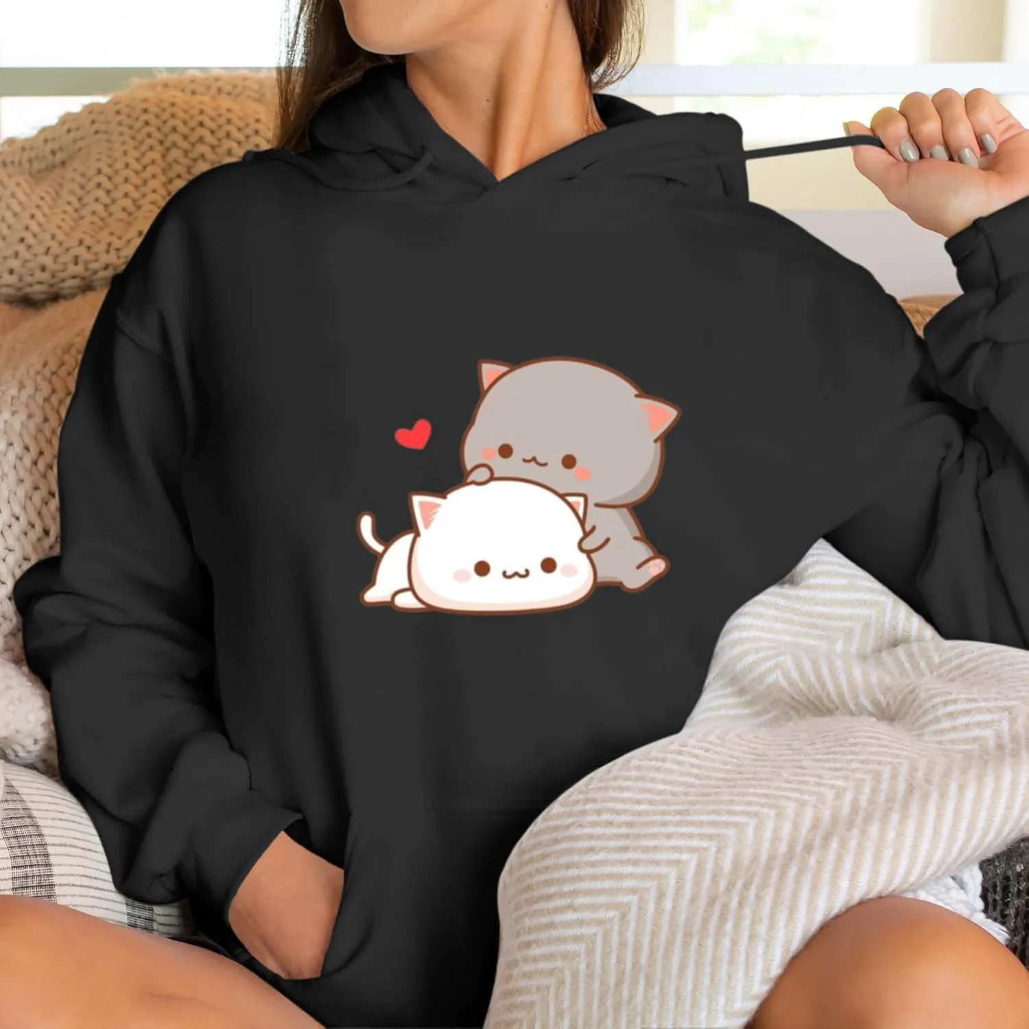 Cute Cat Graphic Hoodies Aesthetic Hooded Sweatshirts for Teen Girls Kawaii Cartoon Anime Lightweight Pullover Tops