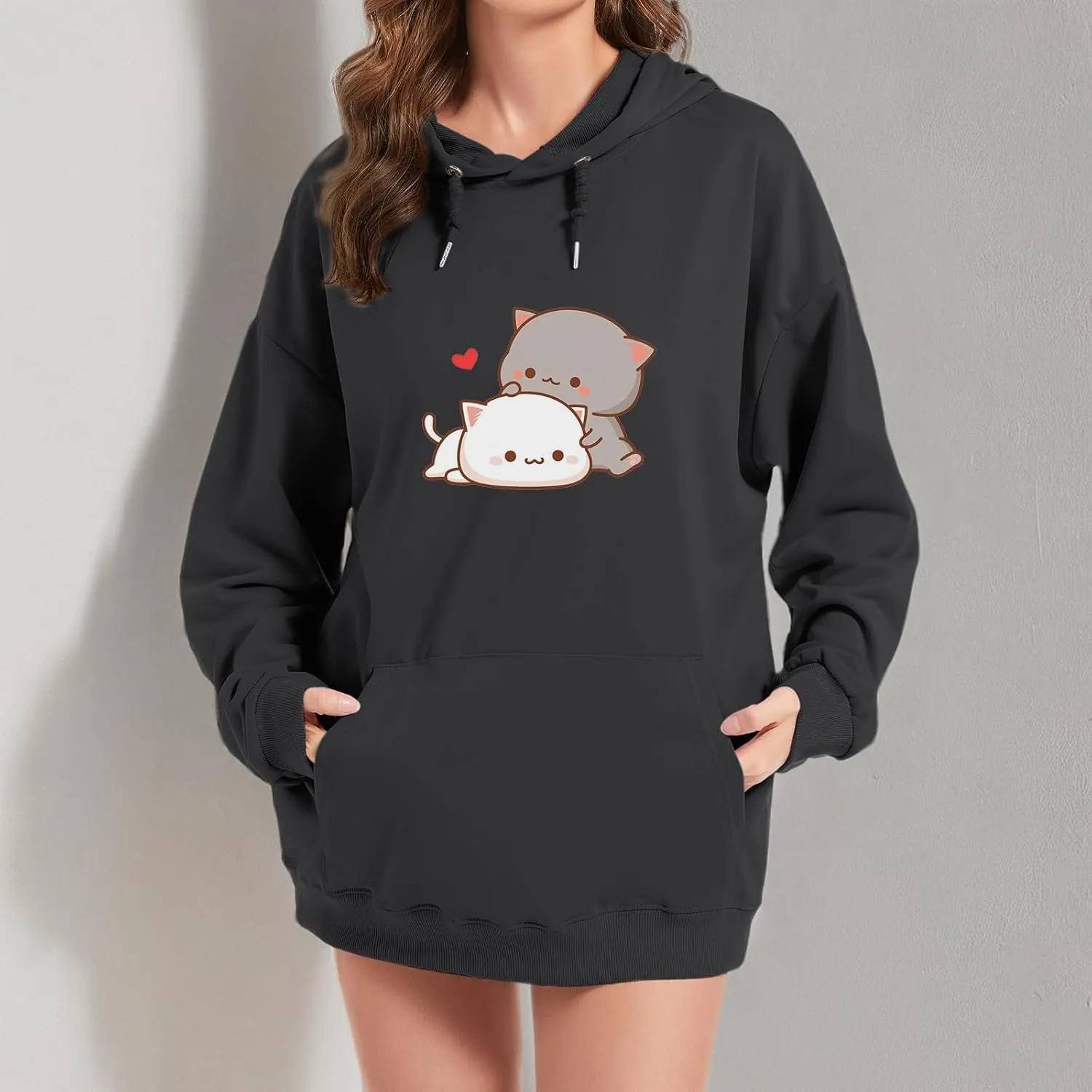Cute Cat Graphic Hoodies Aesthetic Hooded Sweatshirts for Teen Girls Kawaii Cartoon Anime Lightweight Pullover Tops