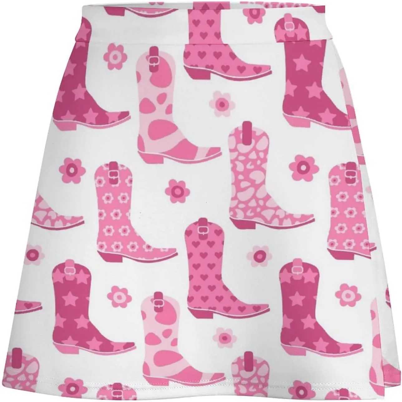 Cute Pink Cowgirl Boot Women's High Waist Stretchy Mini Skirt Elastic Summer Casual Above Knee Basic