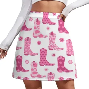 Cute Pink Cowgirl Boot Women's High Waist Stretchy Mini Skirt Elastic Summer Casual Above Knee Basic