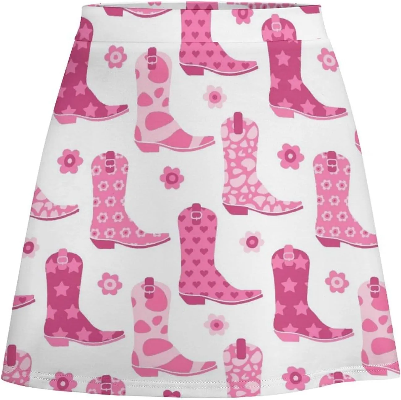 Cute Pink Cowgirl Boot Women's High Waist Stretchy Mini Skirt Elastic Summer Casual Above Knee Basic