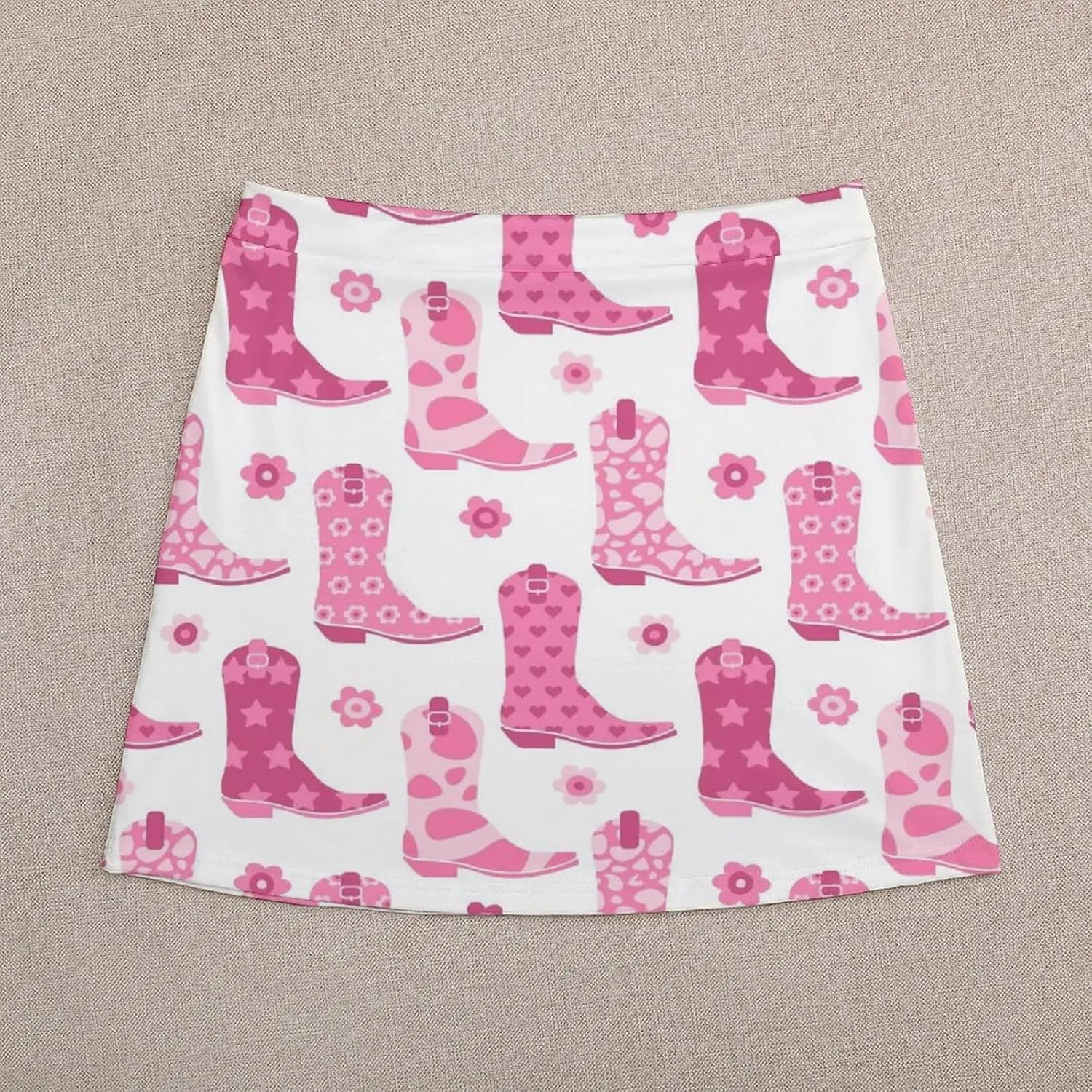 Cute Pink Cowgirl Boot Women's High Waist Stretchy Mini Skirt Elastic Summer Casual Above Knee Basic