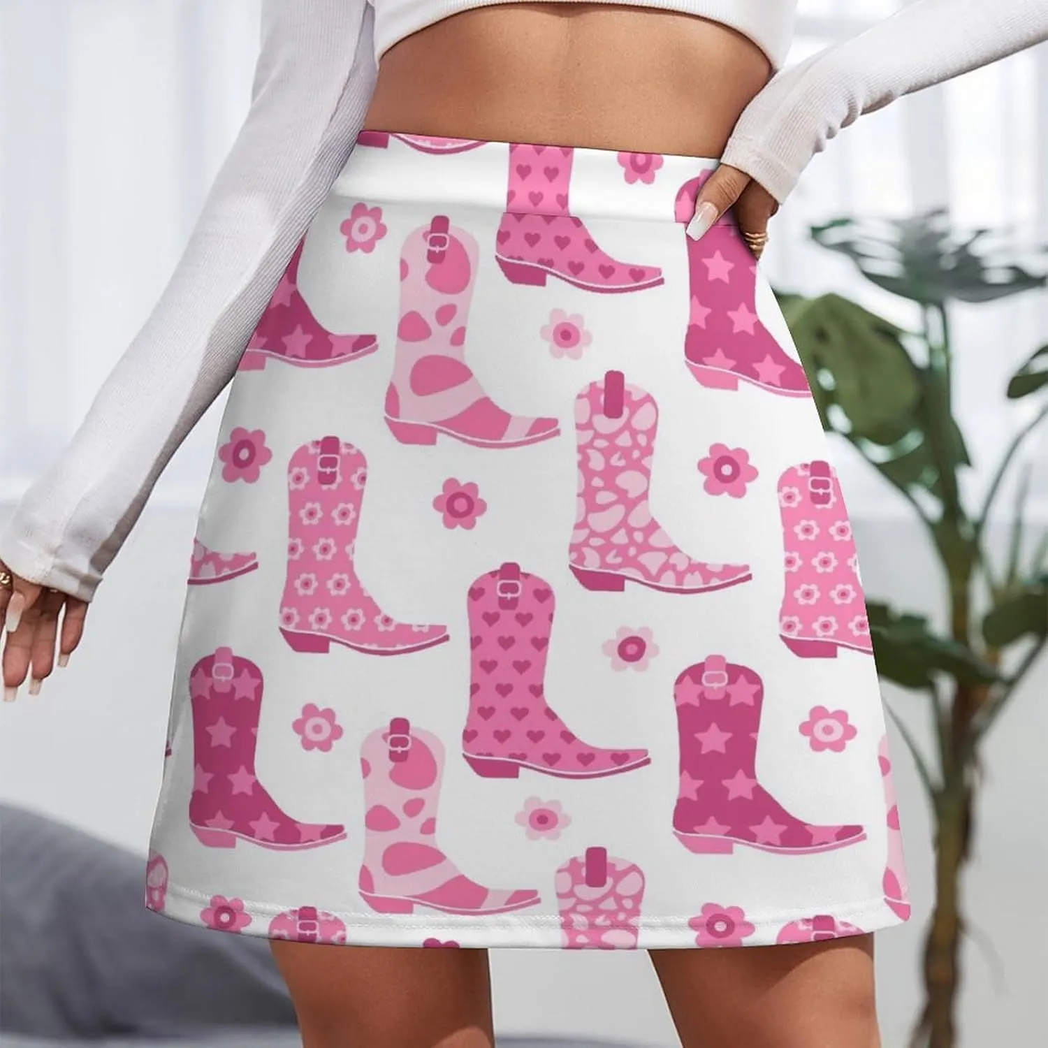 Cute Pink Cowgirl Boot Women's High Waist Stretchy Mini Skirt Elastic Summer Casual Above Knee Basic