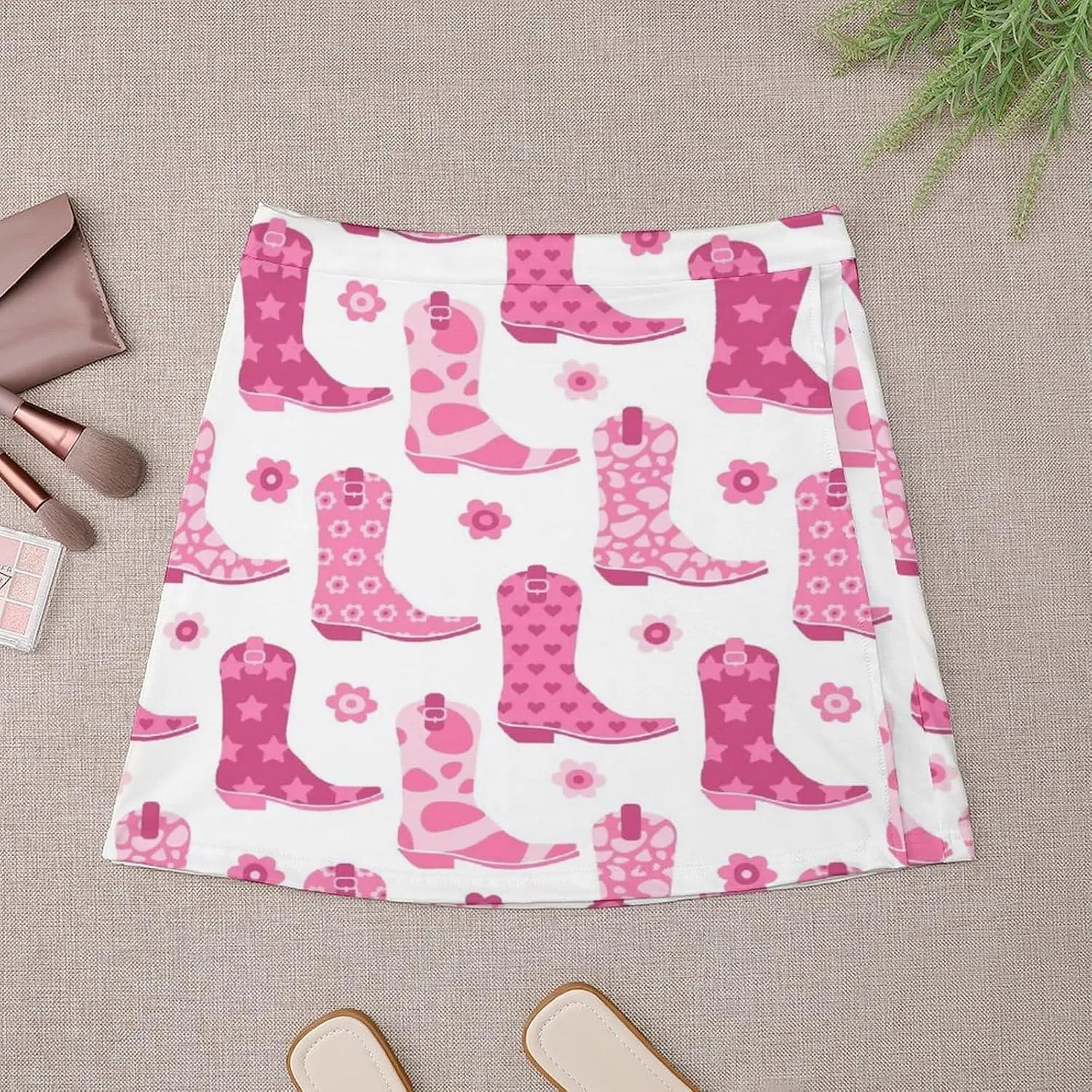 Cute Pink Cowgirl Boot Women's High Waist Stretchy Mini Skirt Elastic Summer Casual Above Knee Basic