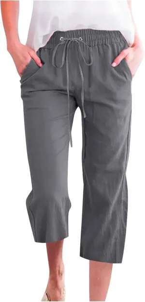 DDAPJ pyju Capri Pants for Women Plus Size Casual Drawstring High Waist Linen Pants Straight Leg Cropped Trouser with Pockets