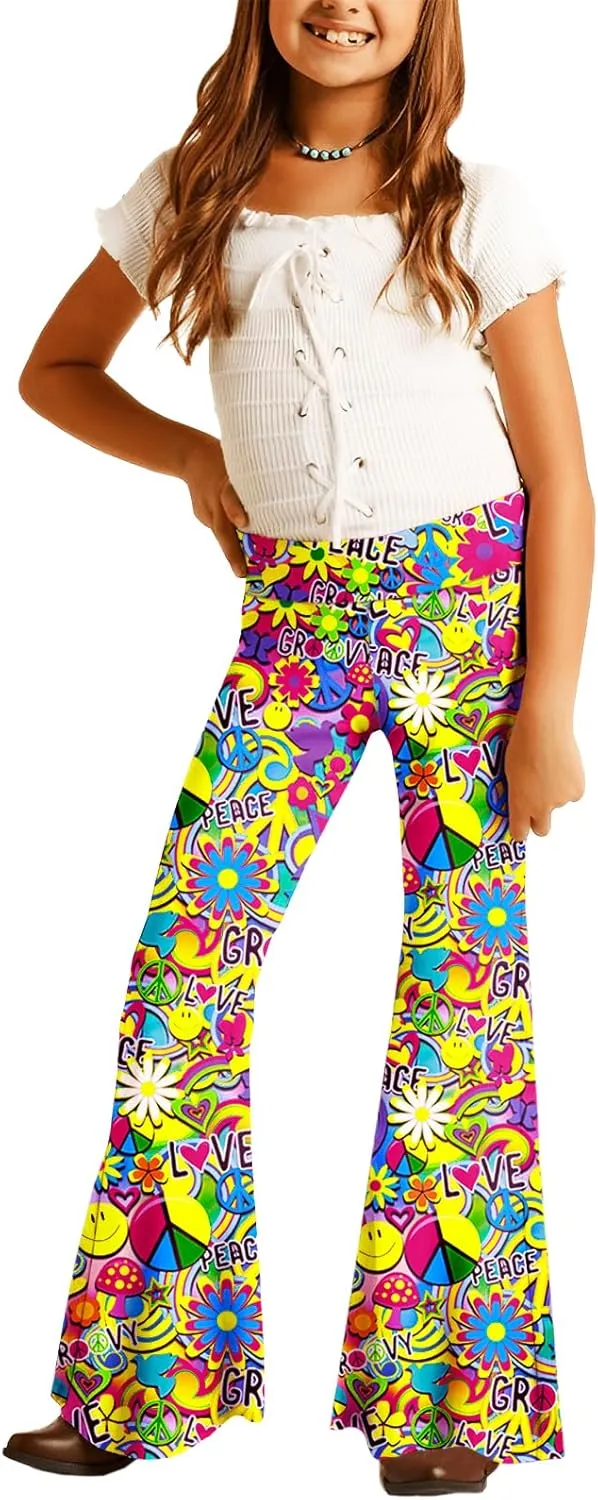Deerose Girls Bell Bottom Floral Print Stretch Hippie Pants High Waist Flare Pants 5-14 Year