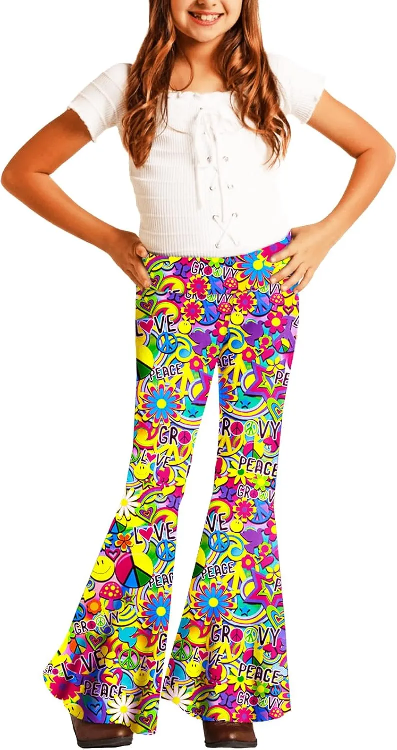 Deerose Girls Bell Bottom Floral Print Stretch Hippie Pants High Waist Flare Pants 5-14 Year