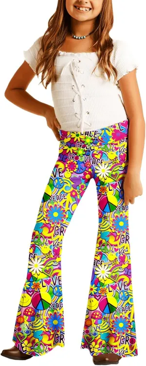 Deerose Girls Bell Bottom Floral Print Stretch Hippie Pants High Waist Flare Pants 5-14 Year