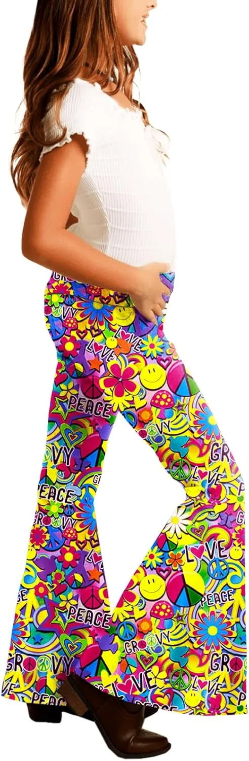 Deerose Girls Bell Bottom Floral Print Stretch Hippie Pants High Waist Flare Pants 5-14 Year
