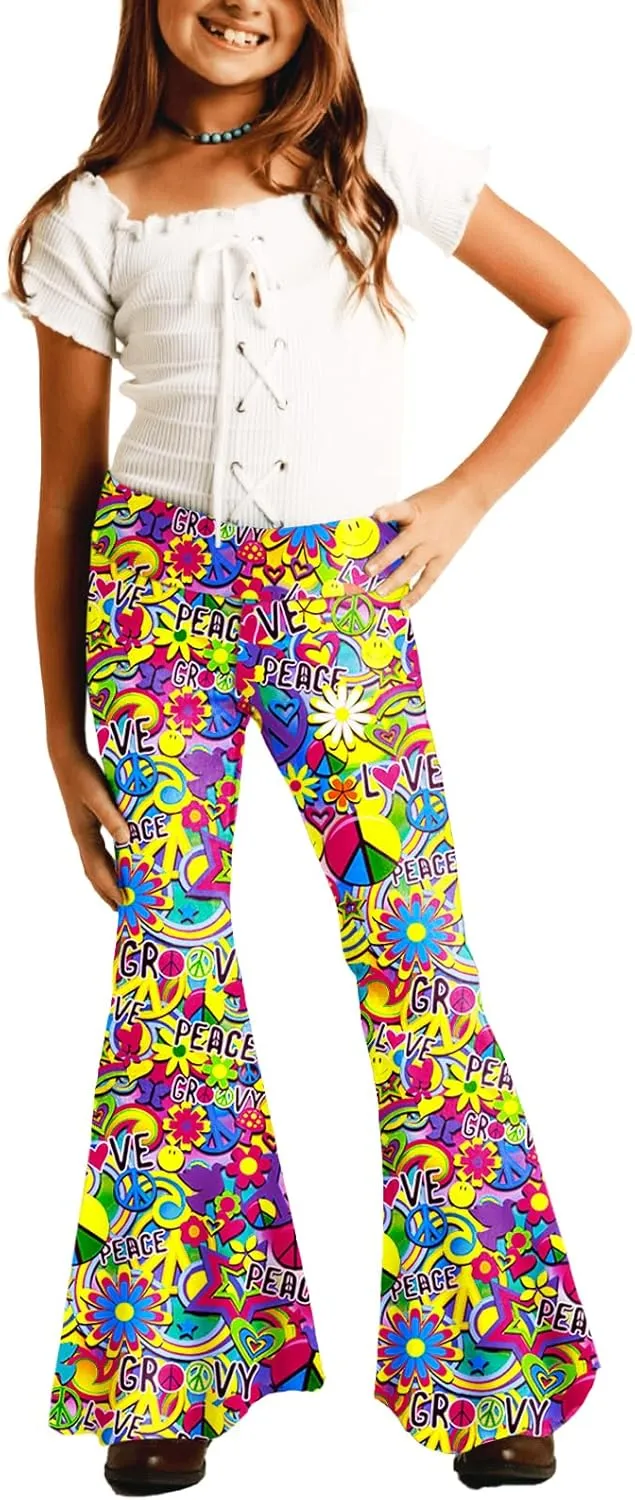 Deerose Girls Bell Bottom Floral Print Stretch Hippie Pants High Waist Flare Pants 5-14 Year