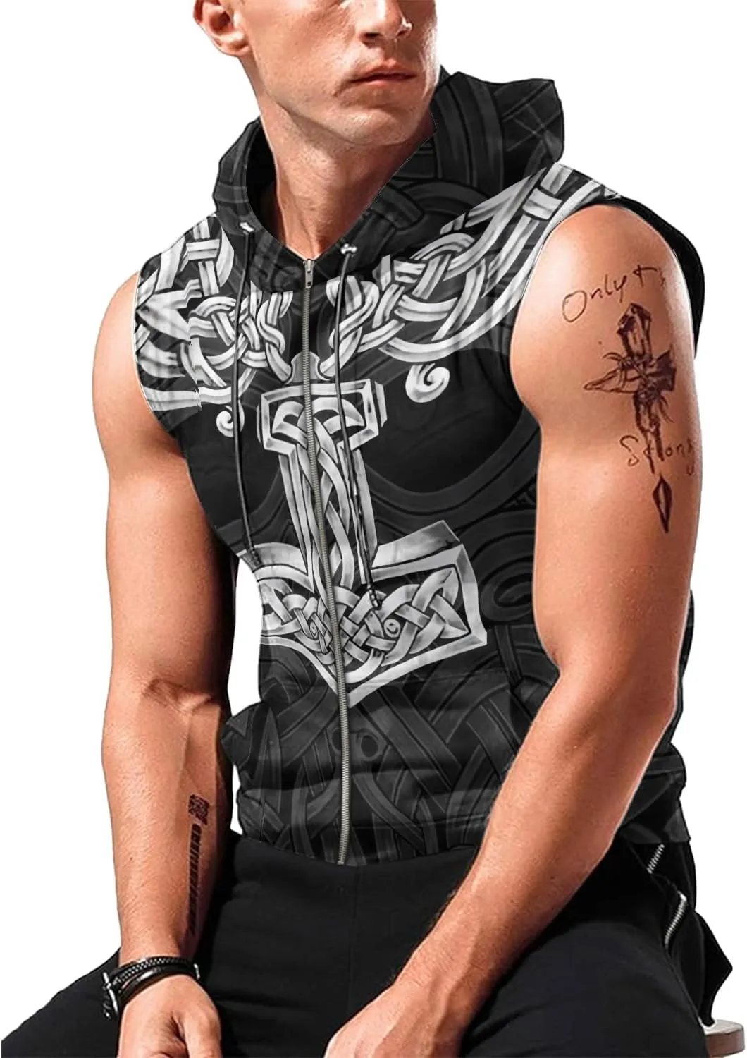 Desantiago Mens Fashion Muscle Hooded Workout Hooded Tank Tops with Pocket Gym Training Zip Hoodies Sleeveless