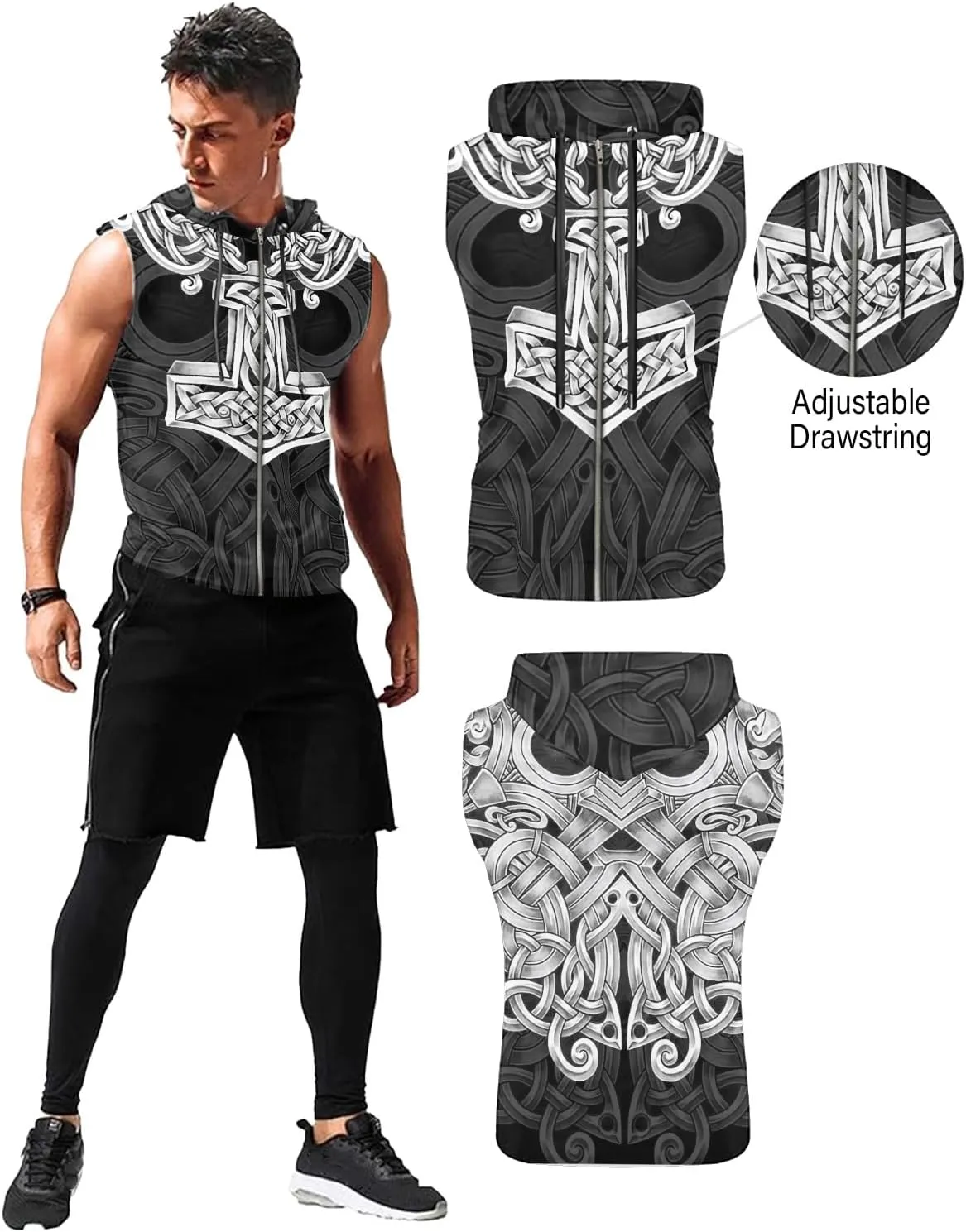 Desantiago Mens Fashion Muscle Hooded Workout Hooded Tank Tops with Pocket Gym Training Zip Hoodies Sleeveless