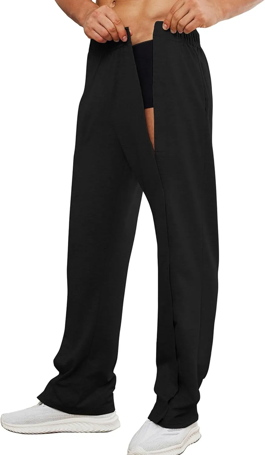 Deyeek Men's Post Surgery Pants Loose Fit Side Snap Tear Away Pants for Men Open Bottom Breakaway Sweatpants with Pockets
