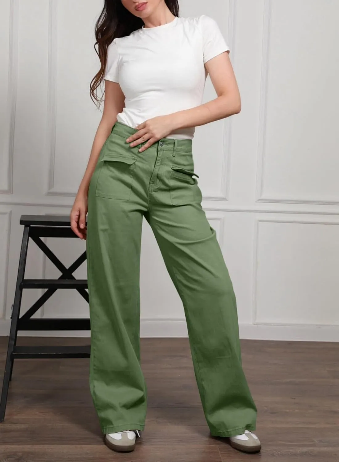 Dokotoo Womens Cargo Pants Women Baggy Wide Leg High Waist Casual Pants Jean Stretch Pants