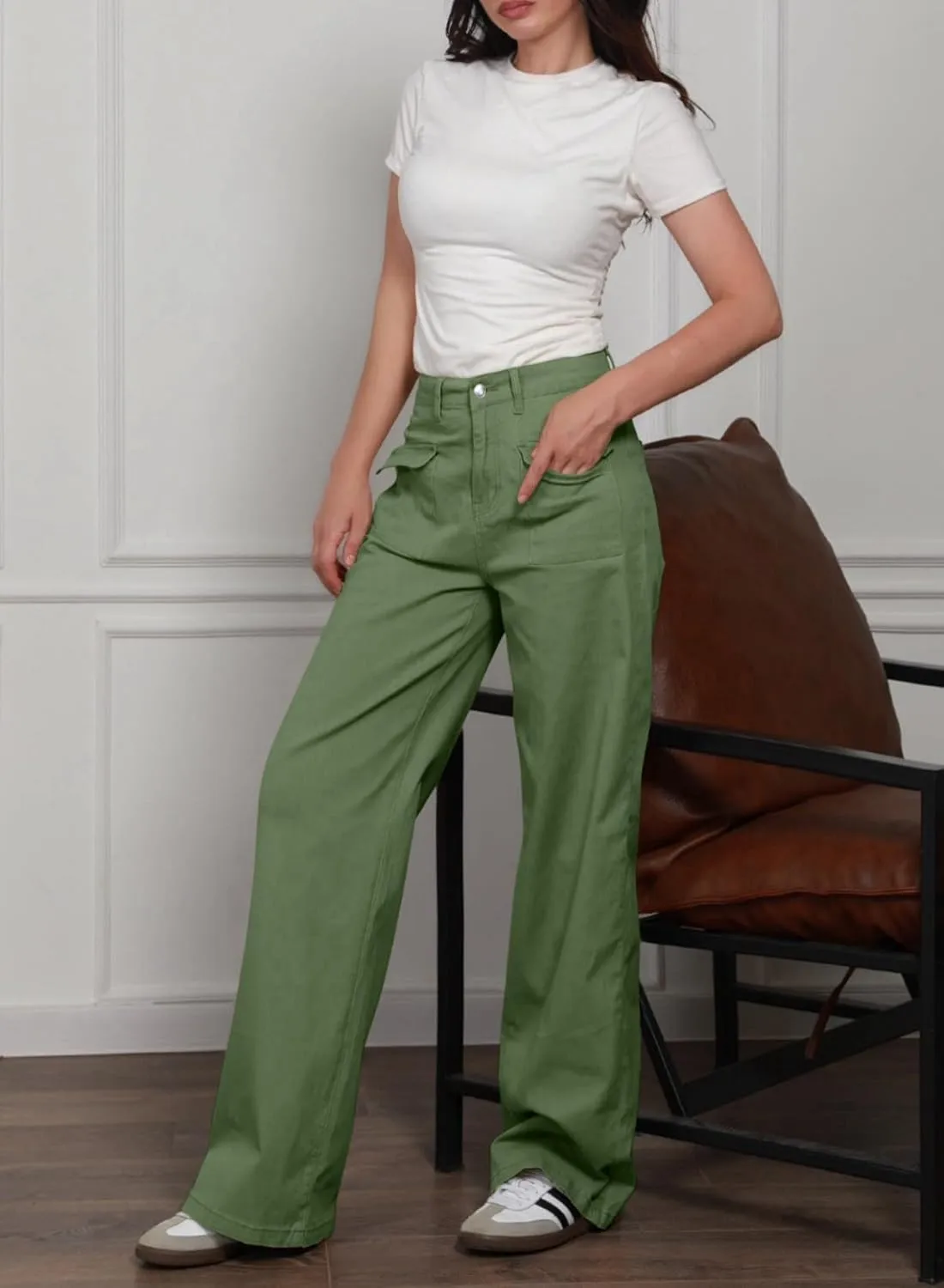 Dokotoo Womens Cargo Pants Women Baggy Wide Leg High Waist Casual Pants Jean Stretch Pants