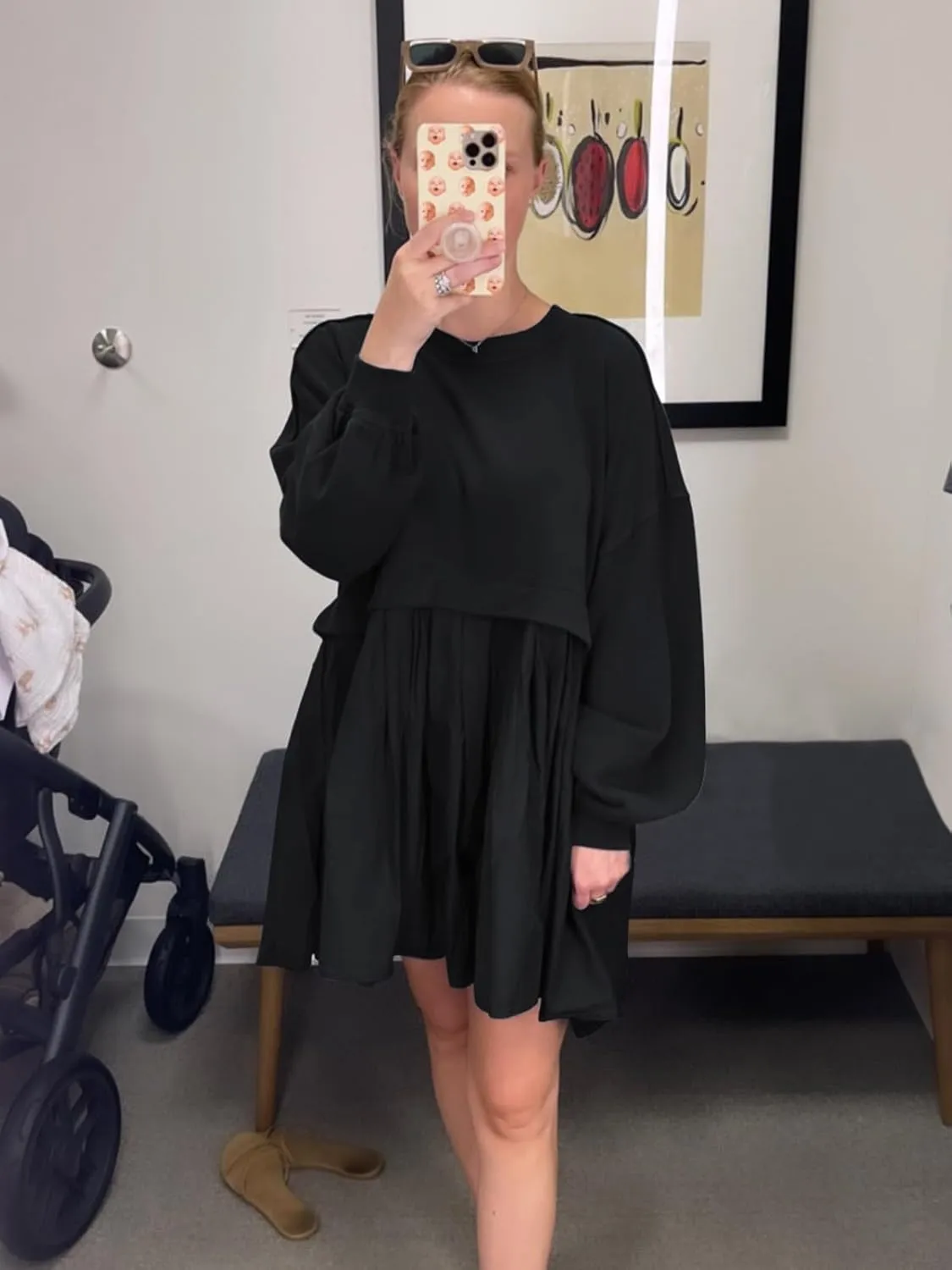 Dokuritu Sweatshirt Dress Women Crew Neck Long Sleeve Patchwork Pullover Tops Flowy Oversized Sweatshirt Mini Dress