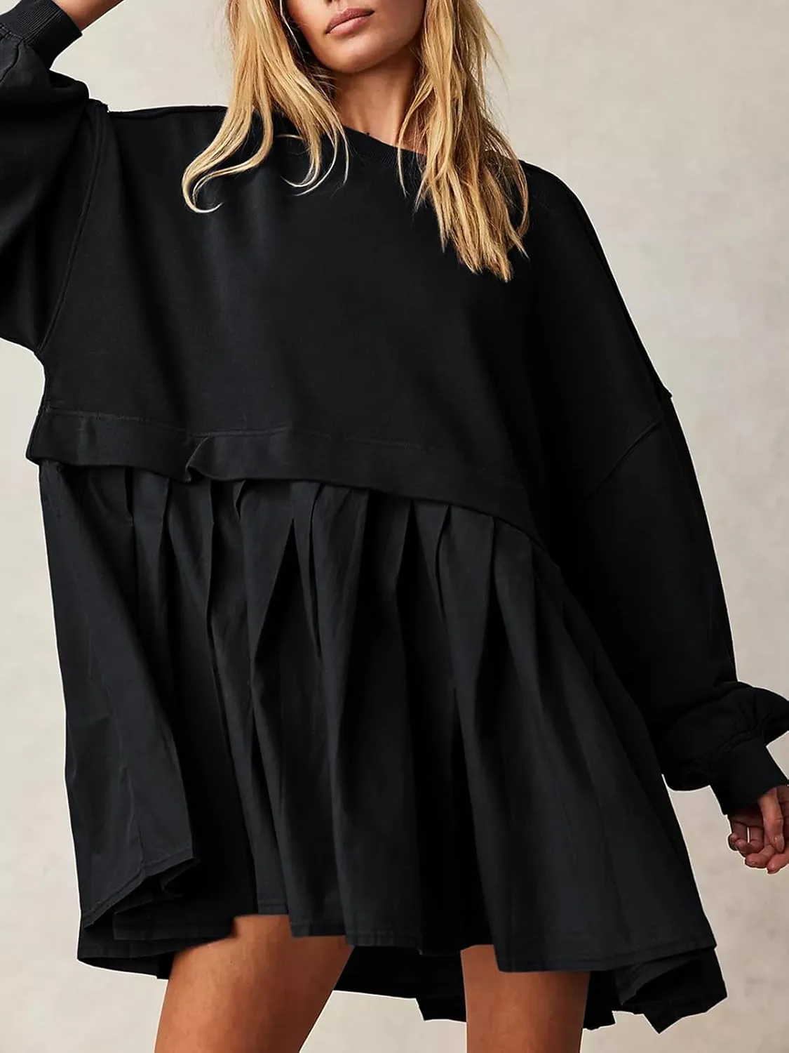 Dokuritu Sweatshirt Dress Women Crew Neck Long Sleeve Patchwork Pullover Tops Flowy Oversized Sweatshirt Mini Dress