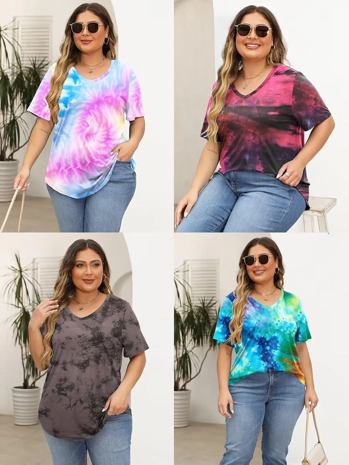 DOLNINE Womens Plus Size Tops Tie Dye Casual V Neck Summer Short Sleeve Loose Fit Shirts XL-5XL