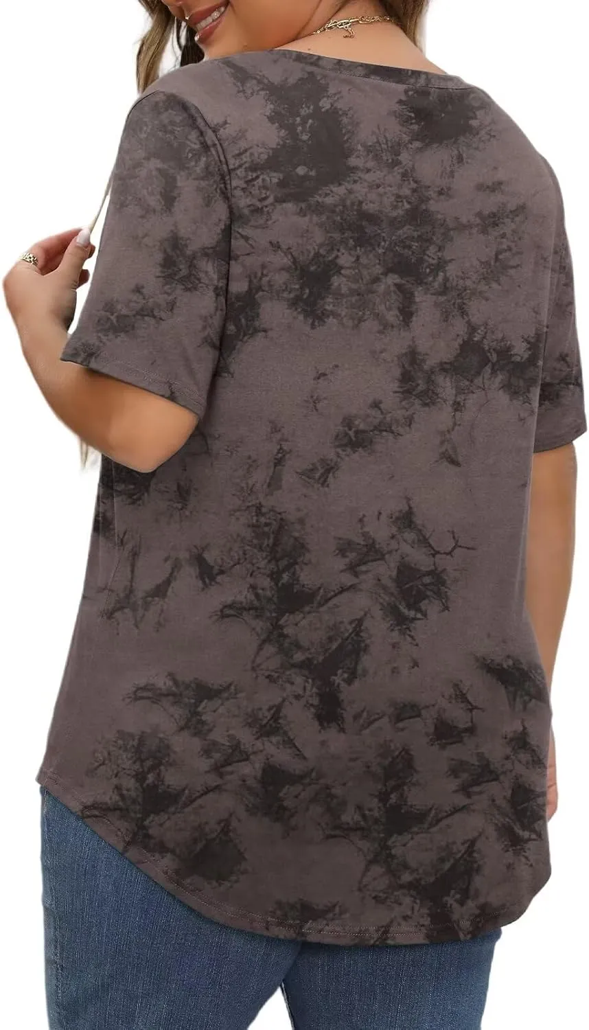 DOLNINE Womens Plus Size Tops Tie Dye Casual V Neck Summer Short Sleeve Loose Fit Shirts XL-5XL