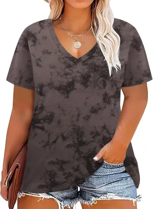 DOLNINE Womens Plus Size Tops Tie Dye Casual V Neck Summer Short Sleeve Loose Fit Shirts XL-5XL