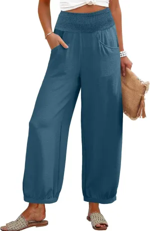 Dress Pants Women Plus Size Elastic Waist Summer Linen Pants Wide Leg Flowy Loose Fit Lightweight Beach Trousers