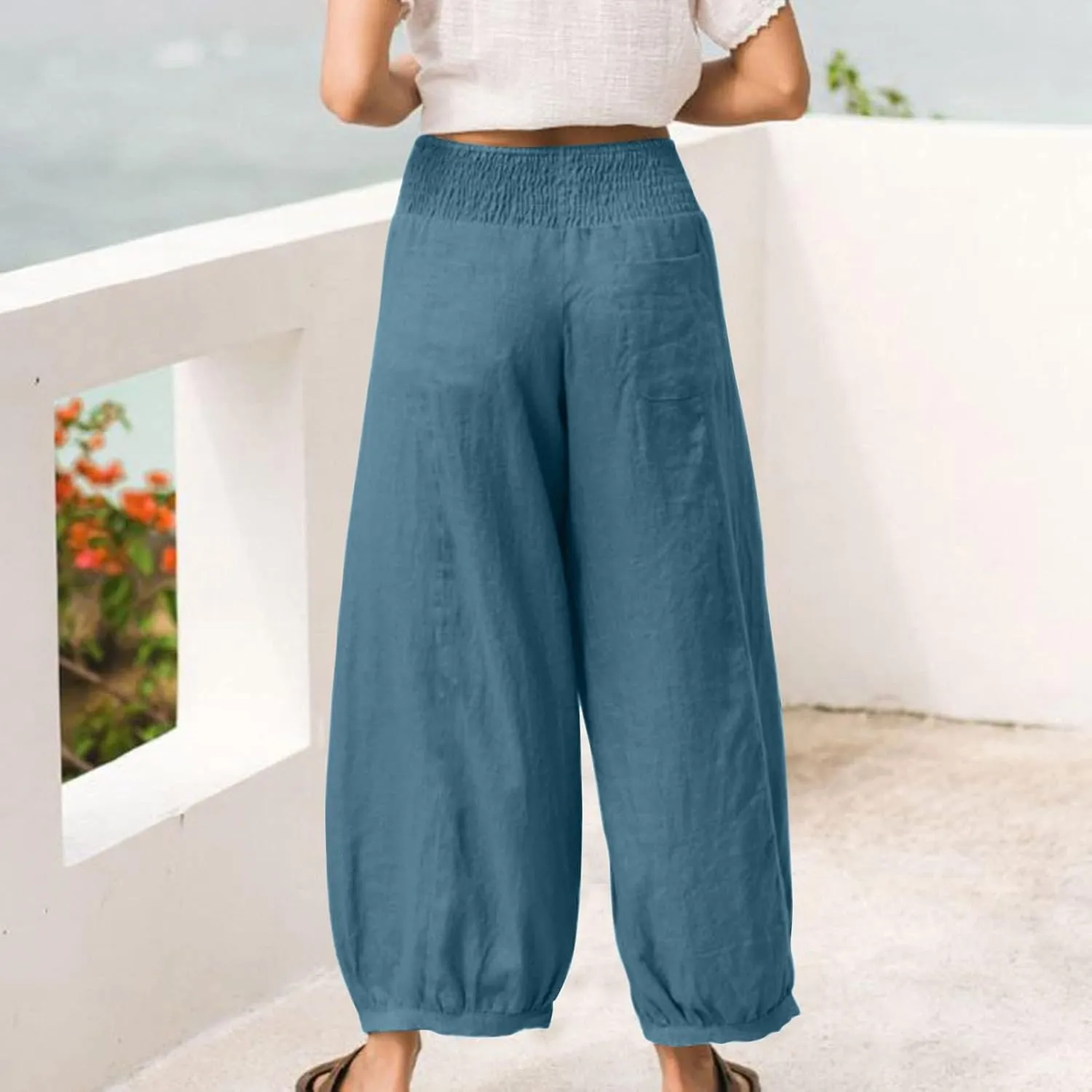 Dress Pants Women Plus Size Elastic Waist Summer Linen Pants Wide Leg Flowy Loose Fit Lightweight Beach Trousers