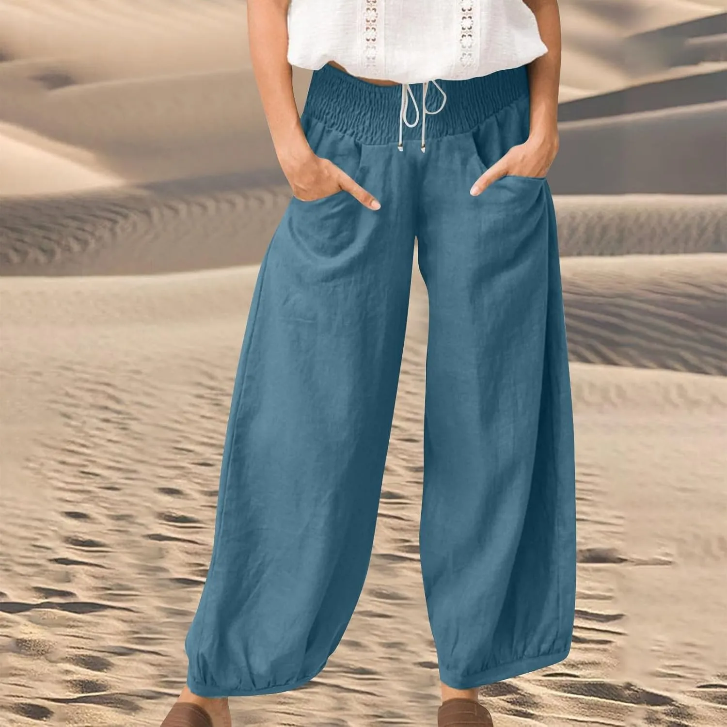 Dress Pants Women Plus Size Elastic Waist Summer Linen Pants Wide Leg Flowy Loose Fit Lightweight Beach Trousers