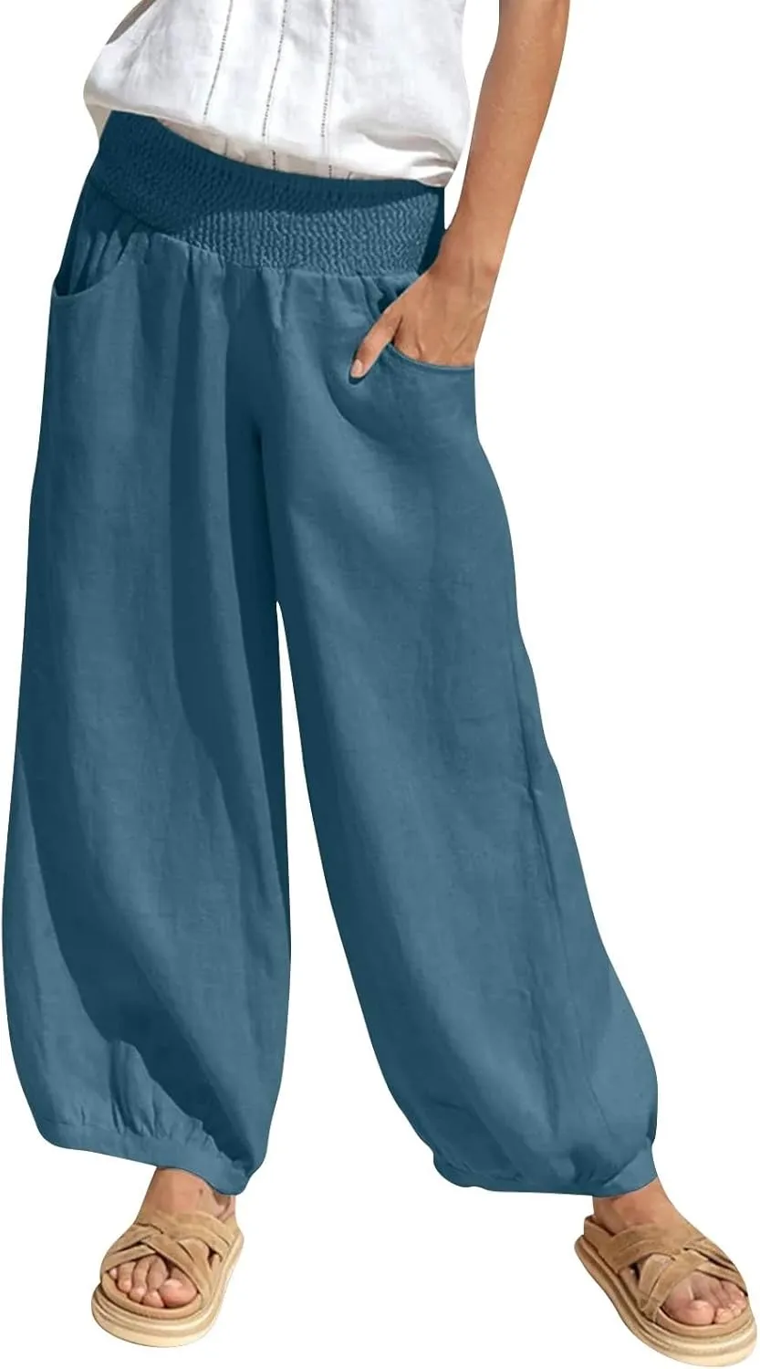 Dress Pants Women Plus Size Elastic Waist Summer Linen Pants Wide Leg Flowy Loose Fit Lightweight Beach Trousers