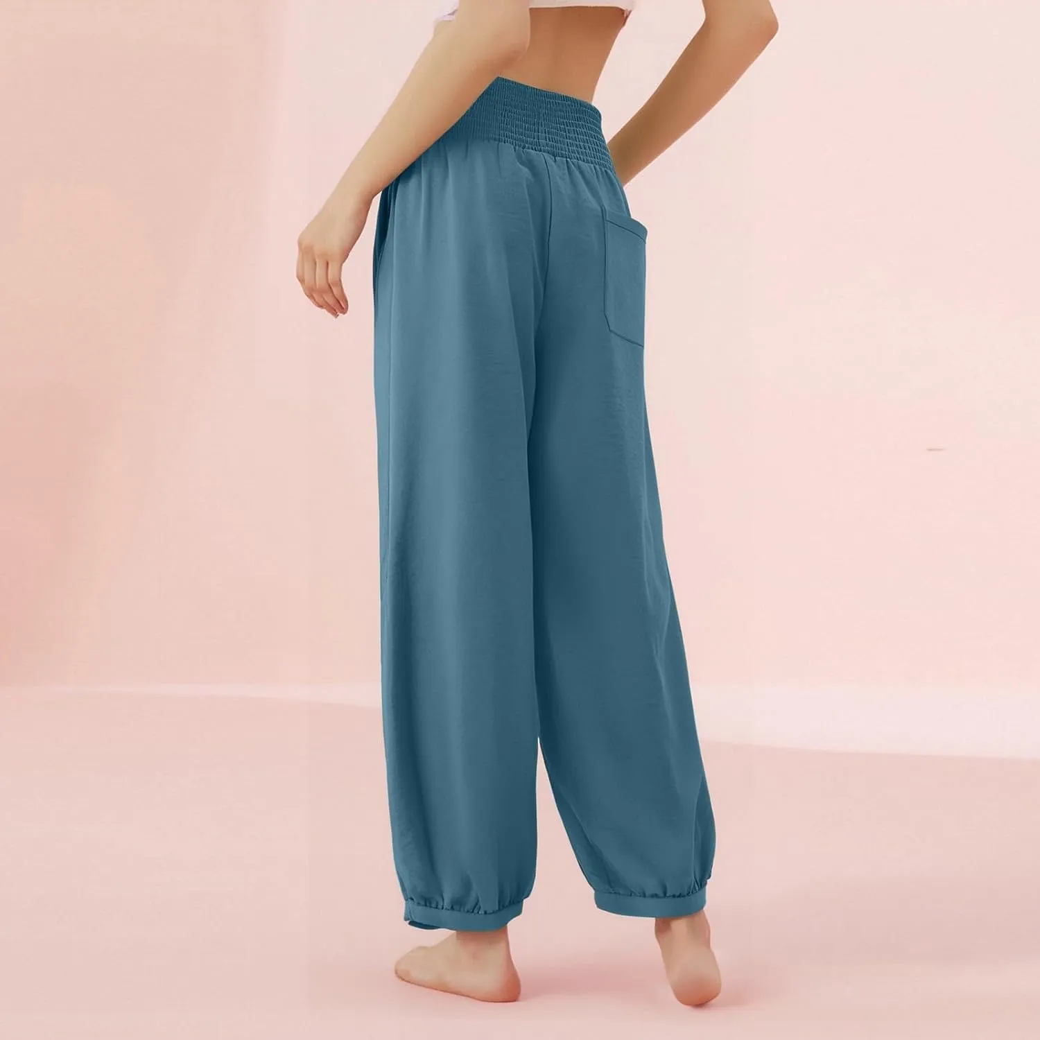 Dress Pants Women Plus Size Elastic Waist Summer Linen Pants Wide Leg Flowy Loose Fit Lightweight Beach Trousers