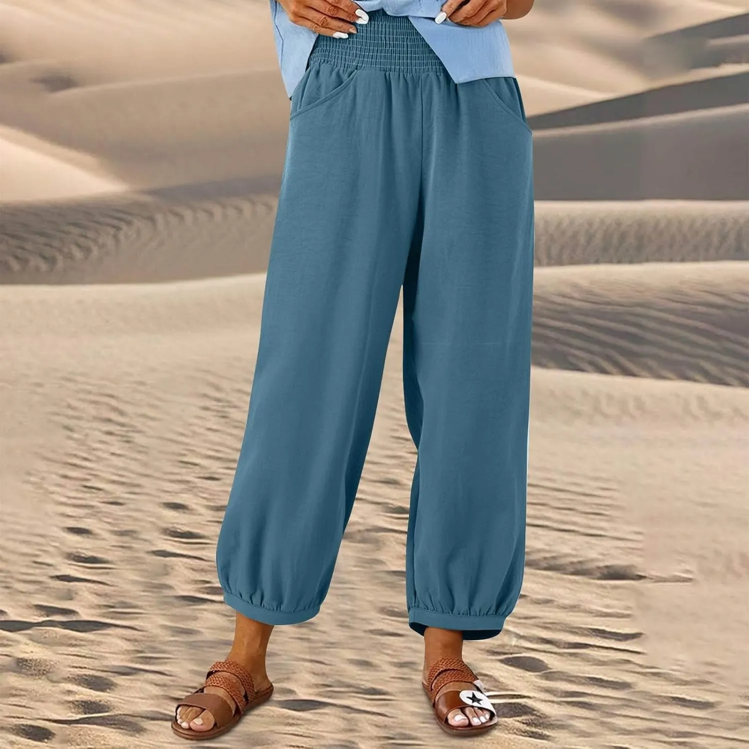 Dress Pants Women Plus Size Elastic Waist Summer Linen Pants Wide Leg Flowy Loose Fit Lightweight Beach Trousers