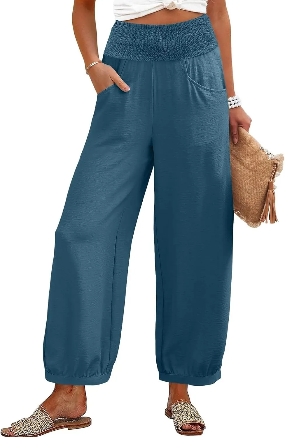 Dress Pants Women Plus Size Elastic Waist Summer Linen Pants Wide Leg Flowy Loose Fit Lightweight Beach Trousers