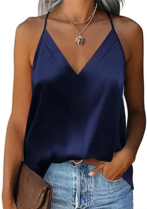 ELESOL Womens Satin Tops V Neck Sleeveless Camisole Cami Spaghetti Straps Blouse Summer Loose Racerback Shirt