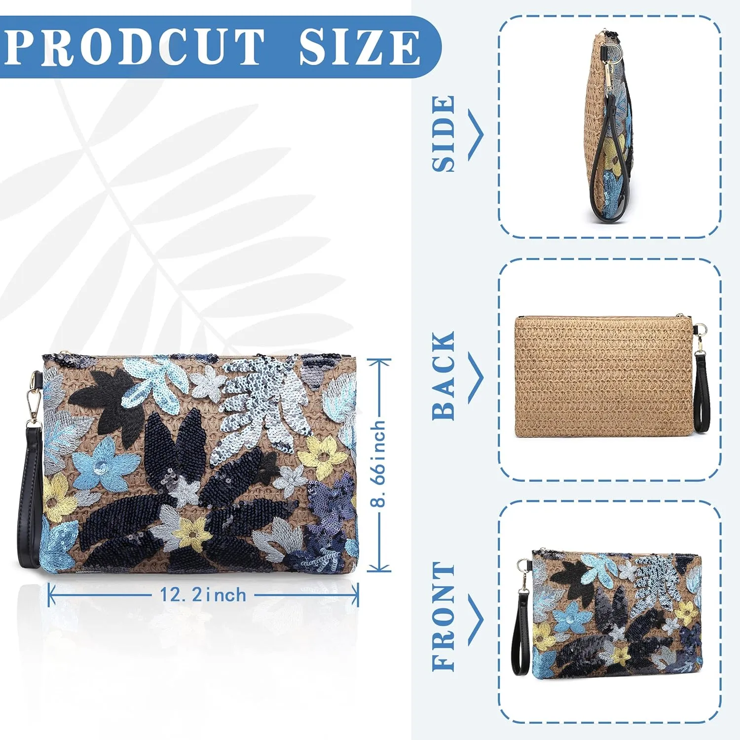 ER.Roulour Summer Straw Bag for Women Floral Embroidery Straw Clutch Purse Woven Wristlet For Beach Party Wedding