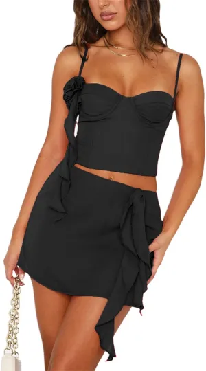 Faretumiya 3D Floral Tassel Skirt Set Women 2 Piece Sheer Mesh Crop Tank Tops Bodycon Ruffles Mini Skirt Sets Y2k Streetwear