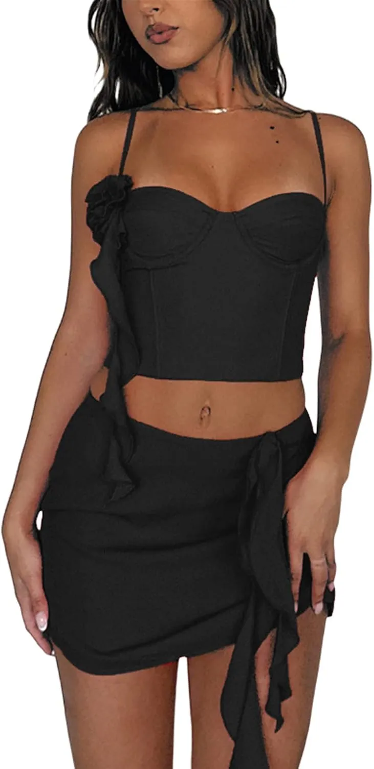 Faretumiya 3D Floral Tassel Skirt Set Women 2 Piece Sheer Mesh Crop Tank Tops Bodycon Ruffles Mini Skirt Sets Y2k Streetwear
