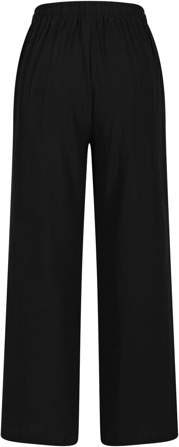 fartey Womens Summer Beach Pants Cotton Linen Oversized Palazzo Trousers Elastic Drawstring Waist Boho Outfit with Pockets