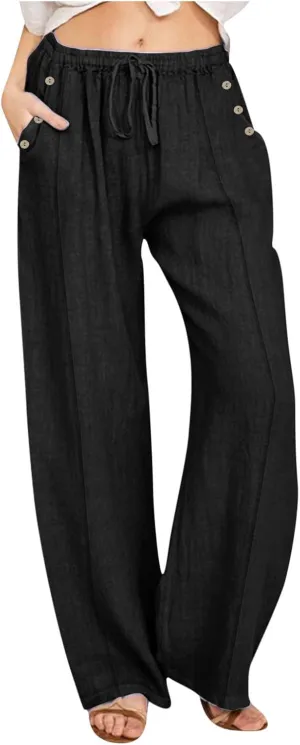 fartey Womens Summer Beach Pants Cotton Linen Oversized Palazzo Trousers Elastic Drawstring Waist Boho Outfit with Pockets