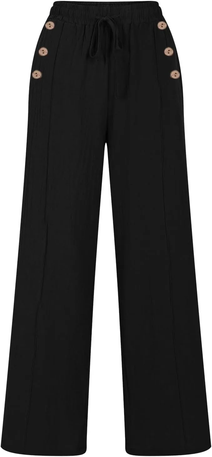 fartey Womens Summer Beach Pants Cotton Linen Oversized Palazzo Trousers Elastic Drawstring Waist Boho Outfit with Pockets