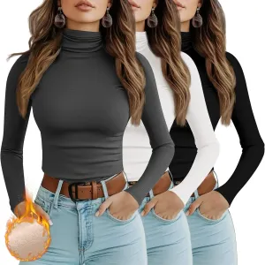 Ficerd 3 Pack Women's Turtleneck Long Sleeve Shirts Thermal Lightweight Base Layer Undershirts Slim Fit Casual Tops